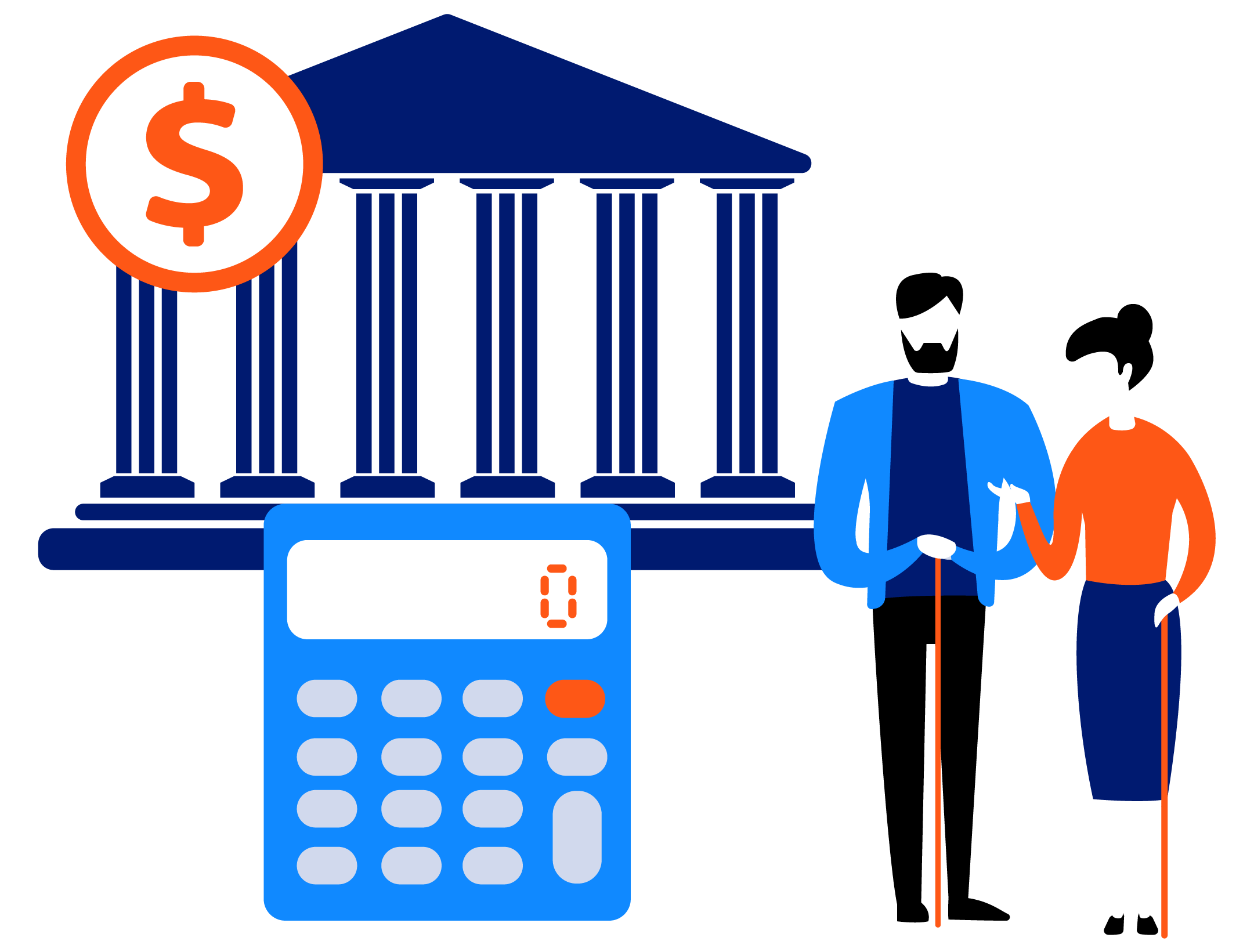Illustration of financial planning showing retirees, bank building and calculator representing financial security