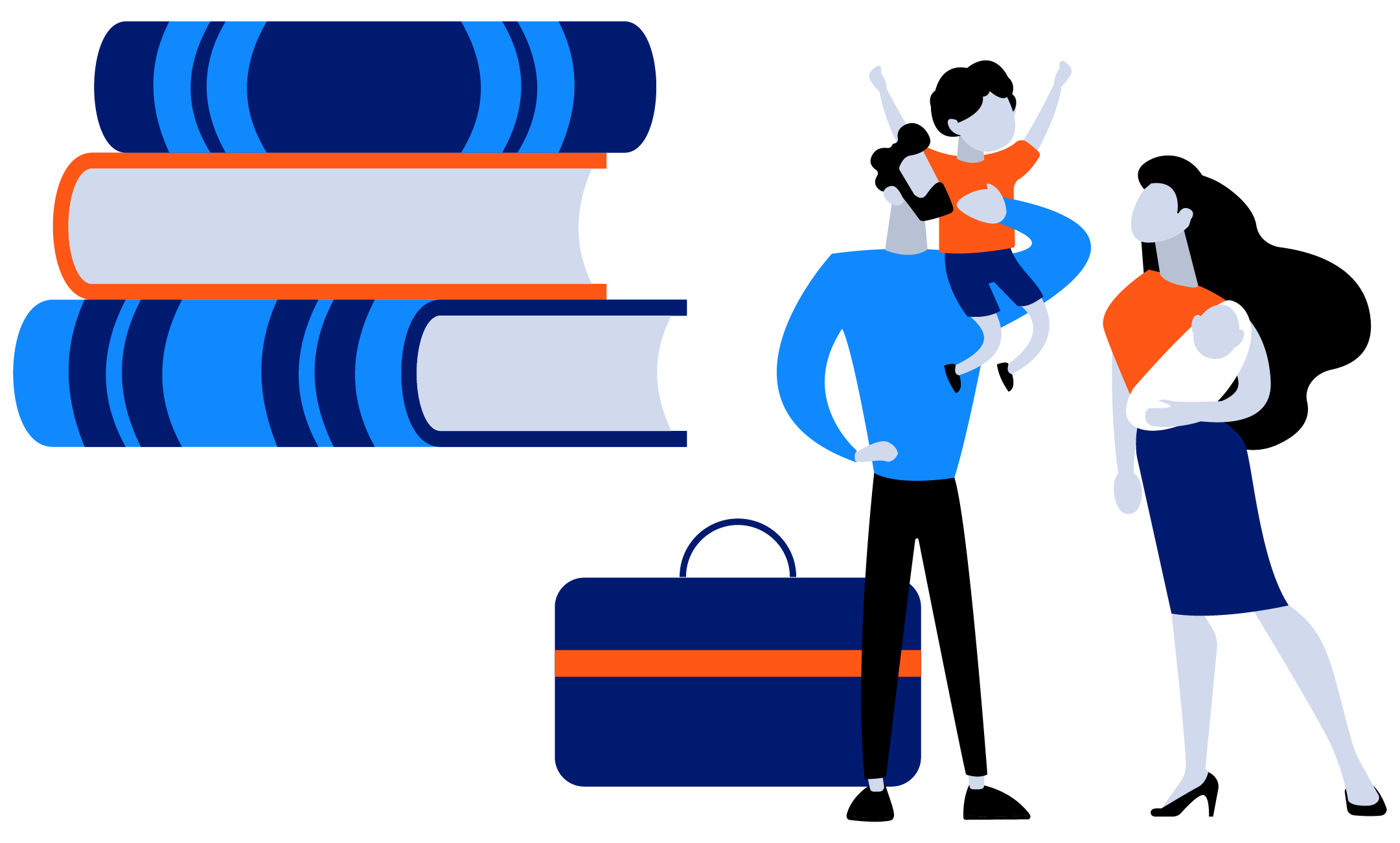 Illustration of work-life balance showing a family, travel suitcase and books representing time off and personal development